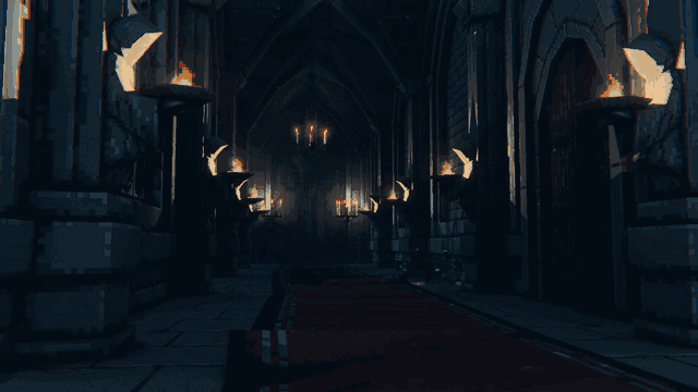 An animated dark castle corridor scene featuring stone brick walls and stone wall braziers shaped like hooded figures holding the lit plate. A large door is at the end of the hall with spooky iron skulls on the front of them. Candelabras and a hanging cand